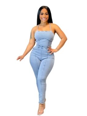Light Wash Denim Jumpsuit with Spaghetti Straps